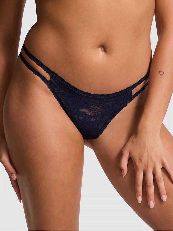 Navy / Blue Victoria Secret Midnight Thong Floral Lace Underwear | KEOCG7120