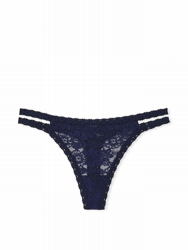 Navy / Blue Victoria Secret Midnight Thong Floral Lace Underwear | KEOCG7120