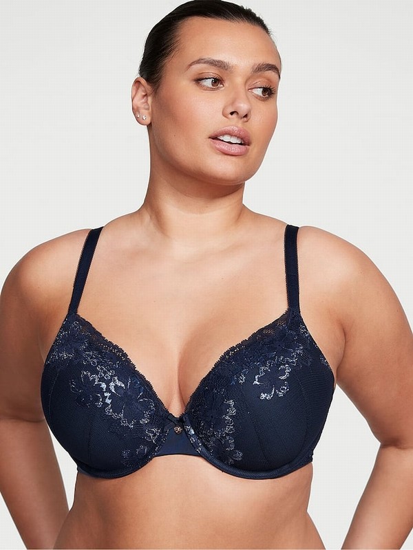 Navy / Blue Victoria Secret Noir Lace Full Cup Push Up Bras | RQZSF9247