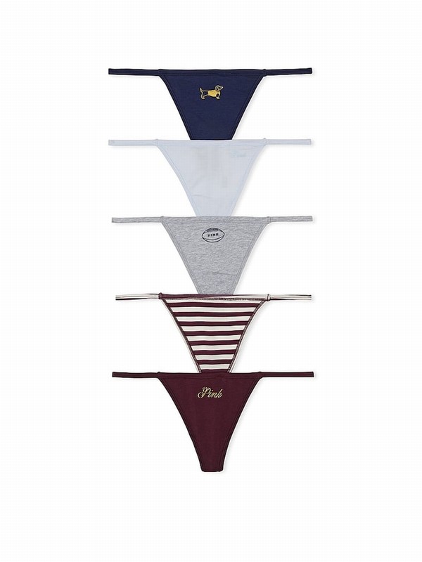 Navy / Blue / Grey / Stripes / Burgundy Victoria Secret G String Cotton 5 Pack Underwear | WJVGH1407