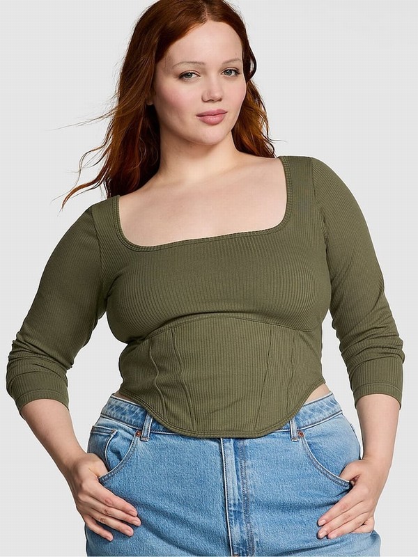 Olive / Green Victoria Secret Long Sleeve Cotton Corset Top Tops | CFEJM7540