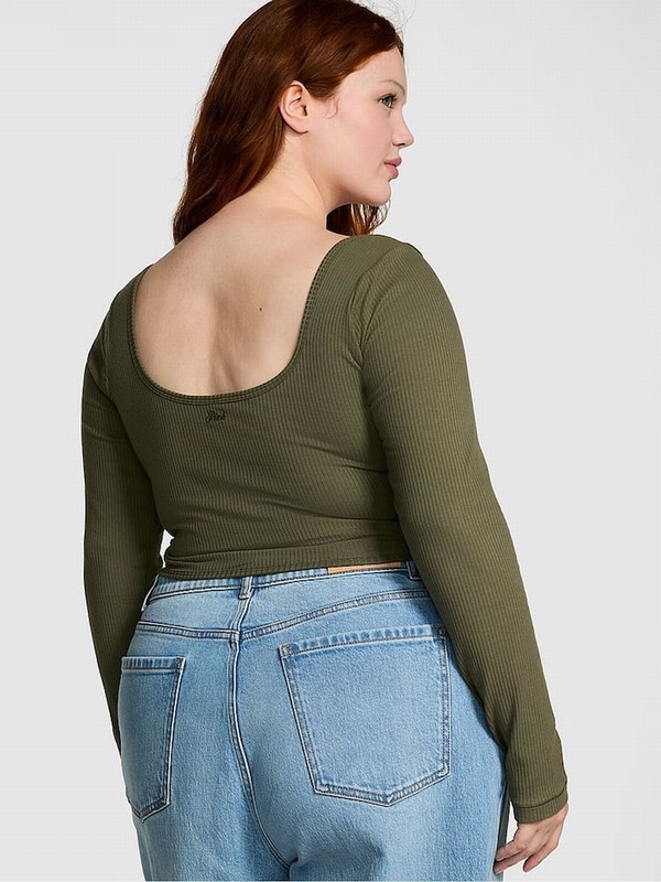 Olive / Green Victoria Secret Long Sleeve Cotton Corset Top Tops | CFEJM7540