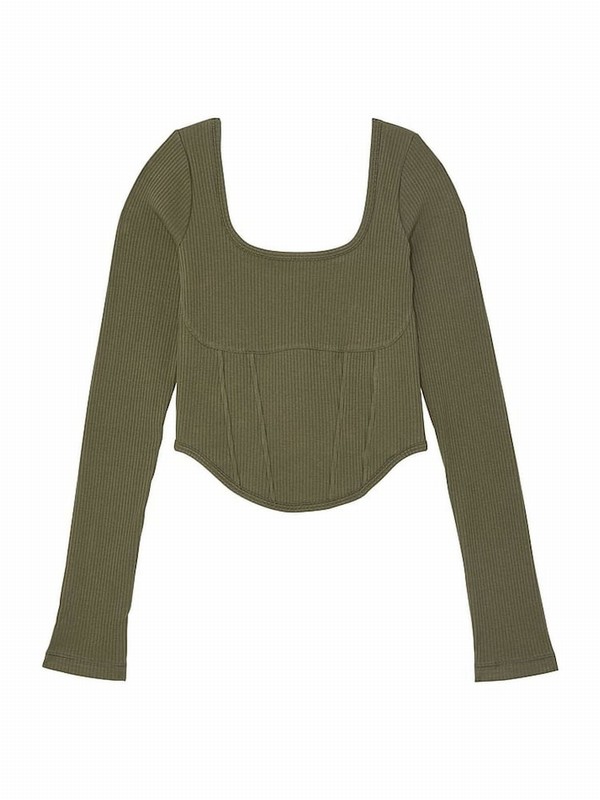 Olive / Green Victoria Secret Long Sleeve Cotton Corset Top Tops | CFEJM7540