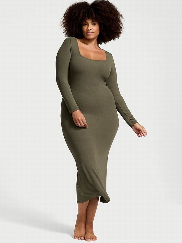 Olive / Green Victoria Secret Ribbed Modal Long Slip Dress | SITZP2745