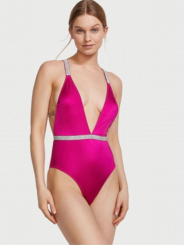 Pink Victoria Secret Berry Blush Shine Strapsuit Swimsuits | AIORY3697