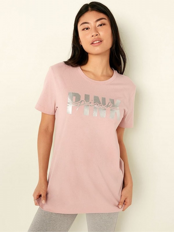 Pink Victoria Secret Cotton Sleeve Campus T Shirts | COQVK9538