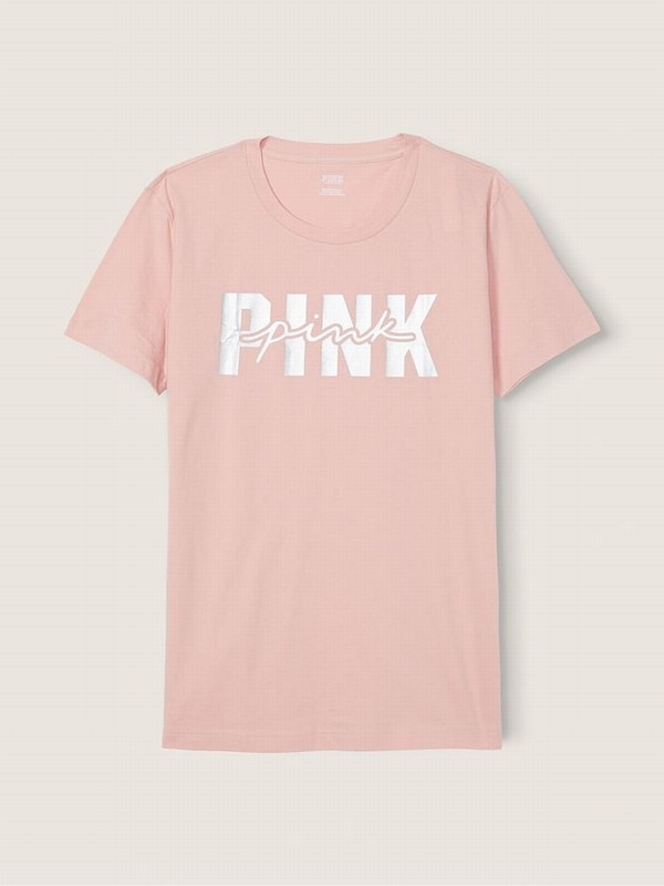 Pink Victoria Secret Cotton Sleeve Campus T Shirts | COQVK9538