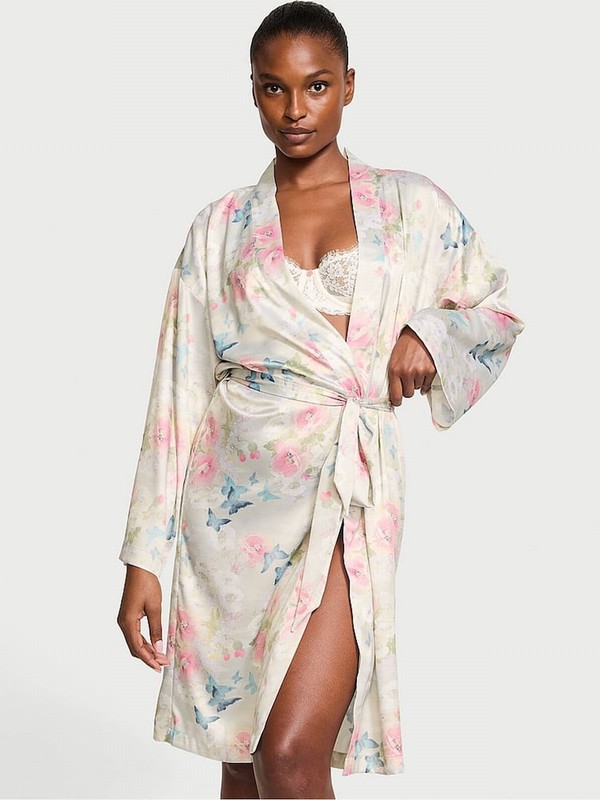 Pink Victoria Secret Delicate Garden Print Satin Midi Robe Lingerie | HMGPK1437