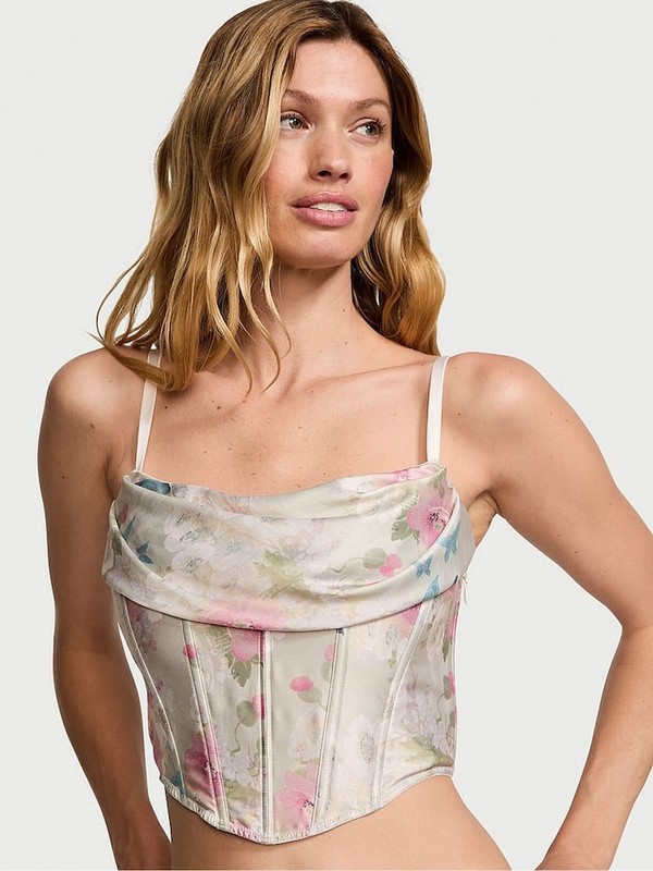 Pink Victoria Secret Delicate Garden Print Satin Cowl Neck Corset Top Lingerie | CDSZU9807