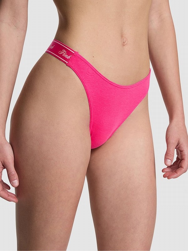 Pink Victoria Secret Enchanted Cotton Logo Scoop Thong Underwear | FKVJC2890