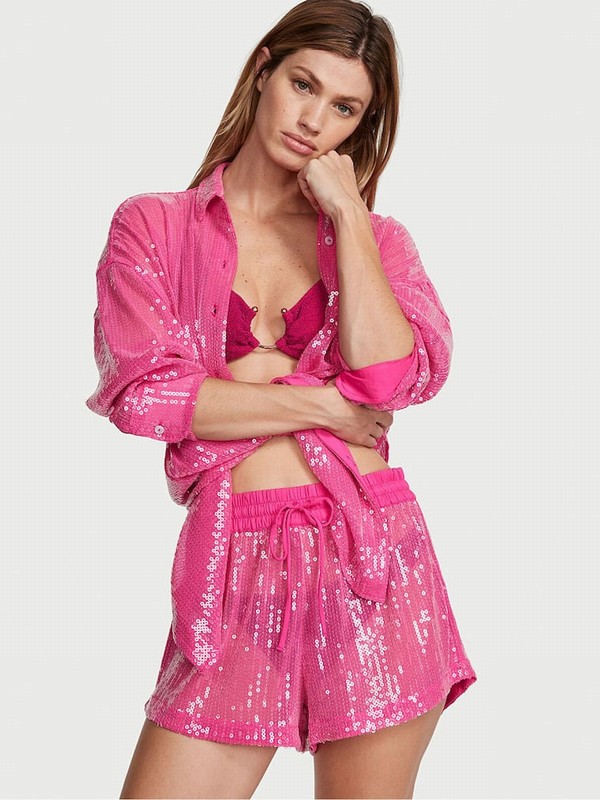 Pink Victoria Secret Forever Sequin Mesh Boyfriend Shirt Tops | RVLQM1562