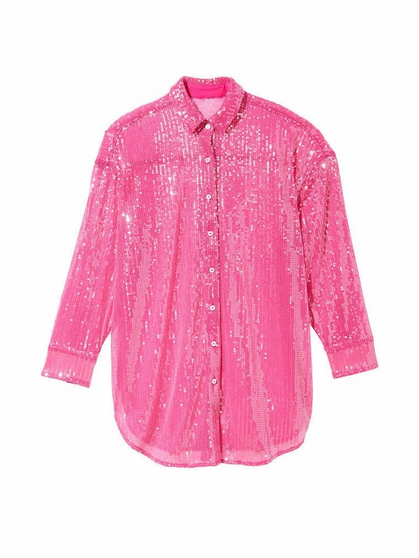 Pink Victoria Secret Forever Sequin Mesh Boyfriend Shirt Tops | RVLQM1562