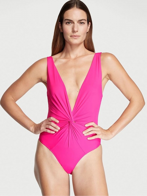 Pink Victoria Secret Forever V Neck Plunge Open Backsuit Swimsuits | UDQCZ8463