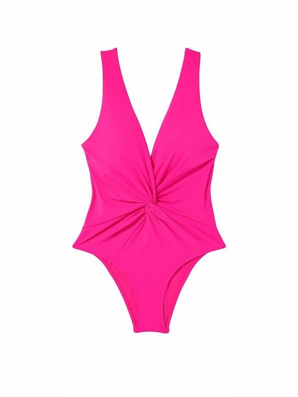 Pink Victoria Secret Forever V Neck Plunge Open Backsuit Swimsuits | UDQCZ8463