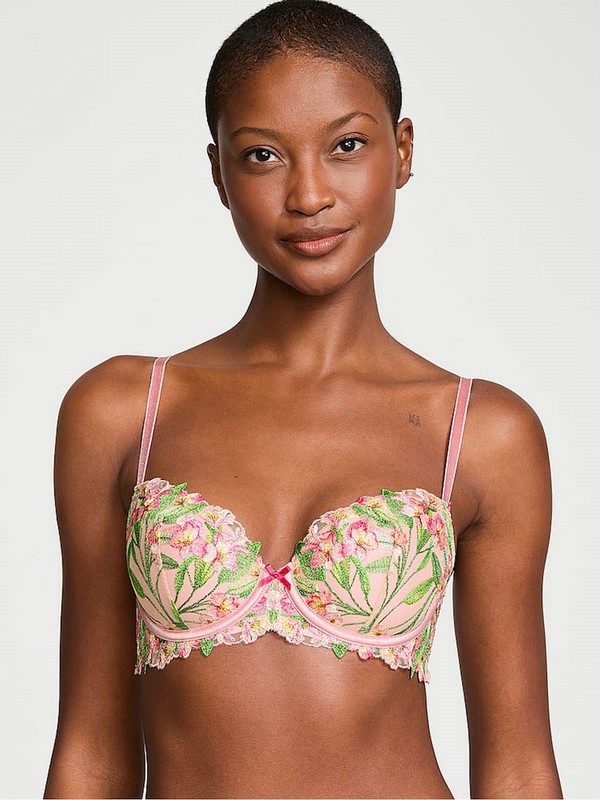 Pink Victoria Secret Lightly Lined Demi Lily Embroidery Bras | RZQBS7094