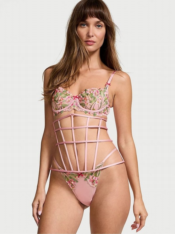 Pink Victoria Secret Lily Embroidery Corset Lingerie | KVNYF2539
