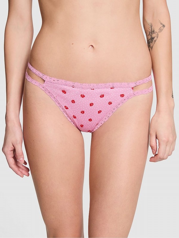 Pink Victoria Secret Moonstone Floral Print Lace Trim Rib Strappy Thong Underwear | KWMXB1486