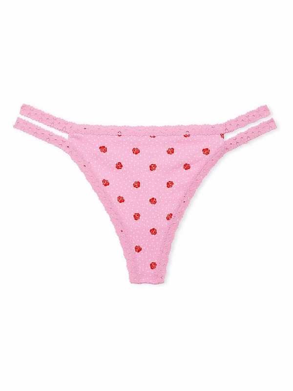 Pink Victoria Secret Moonstone Floral Print Lace Trim Rib Strappy Thong Underwear | KWMXB1486