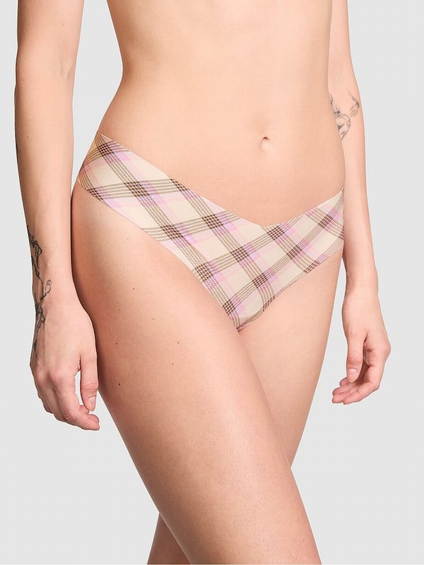 Pink Victoria Secret Moonstone Plaid Thong No Show Lace Trim Hipster Underwear | BMKIU4380