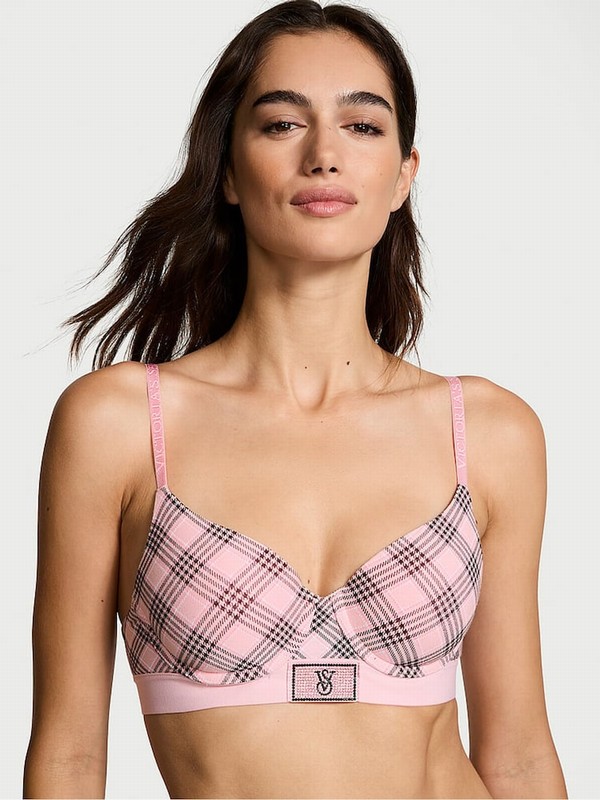 Pink Victoria Secret Plaid Lightly Lined Demi Shine Patch Bras | ALCST4869