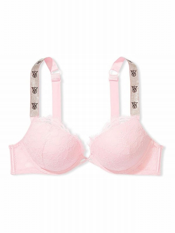 Pink Victoria Secret Pretty Blossom Lace Monogram Add 2 Cups Push Up Shine Strap Push Up Bras | QWNGY1962