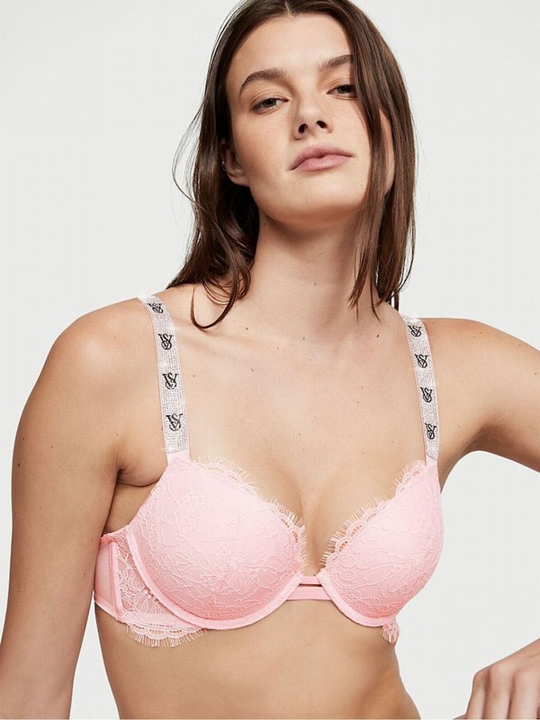 Pink Victoria Secret Pretty Blossom Lace Monogram Push Up Shine Strap Push Up Bras | LRNCS4586