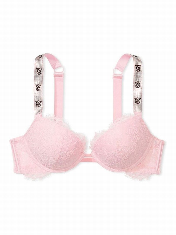 Pink Victoria Secret Pretty Blossom Lace Monogram Push Up Shine Strap Push Up Bras | LRNCS4586