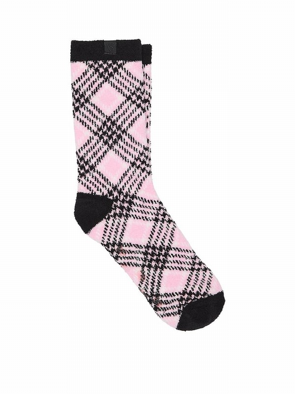 Pink Victoria Secret Pretty Blossom Plaid Fleece Socks | EKJBP7602