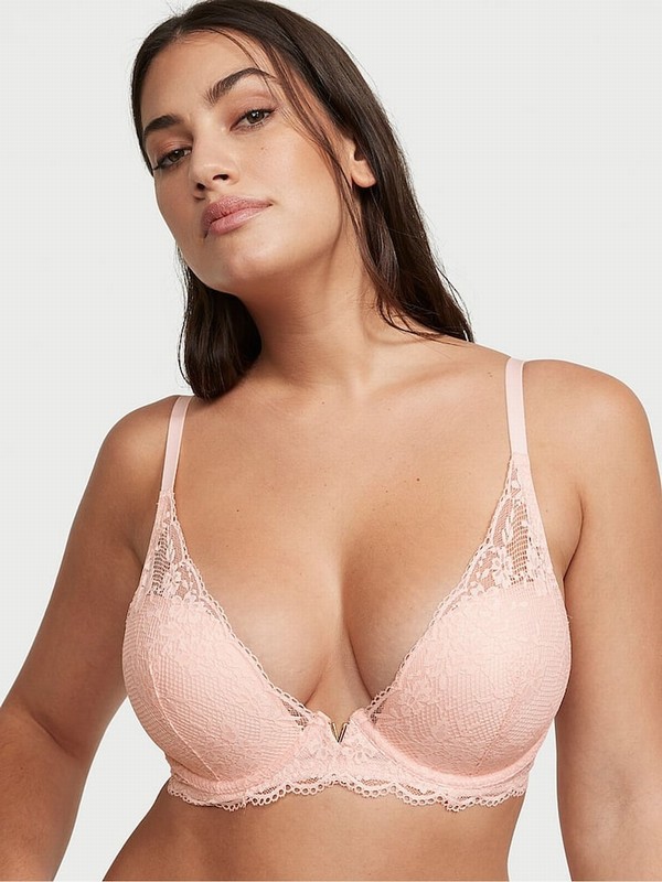 Pink Victoria Secret Purest Lace Half Pad Plunge Bras | BKSUE7493