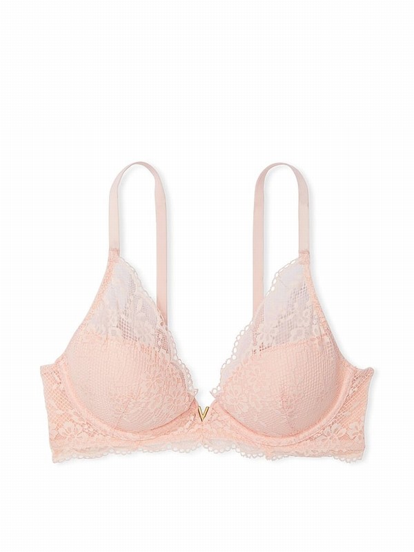 Pink Victoria Secret Purest Lace Half Pad Plunge Bras | BKSUE7493