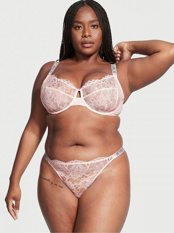 Pink Victoria Secret Purest Lace Thong Shine Strap Underwear | UYOCI1254