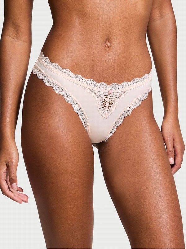 Pink Victoria Secret Purest Lace Trim Thong Underwear | YJOGW5769