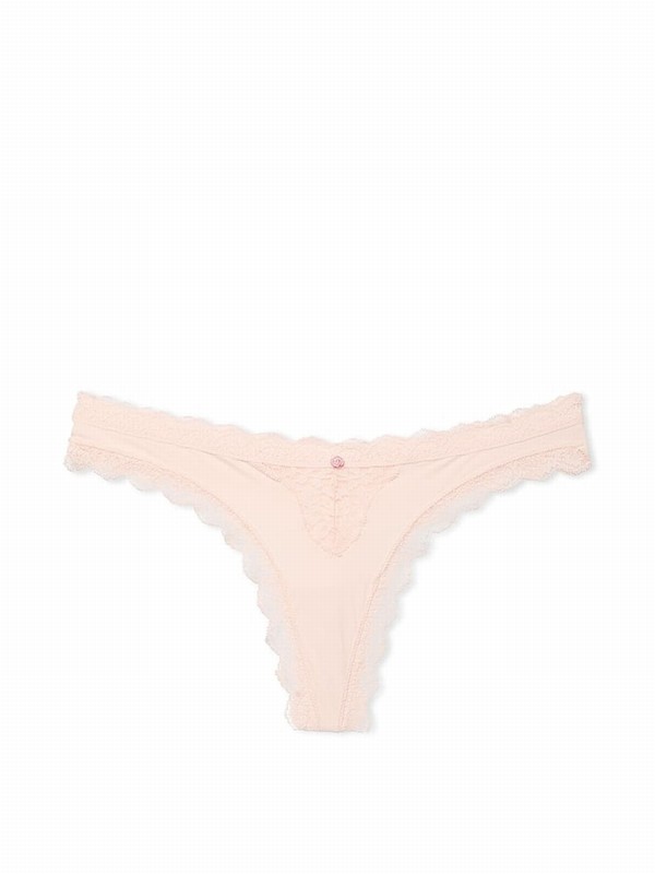 Pink Victoria Secret Purest Lace Trim Thong Underwear | YJOGW5769