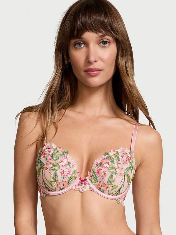 Pink Victoria Secret Push Up Lily Embroidery Bras | QEVHF2319