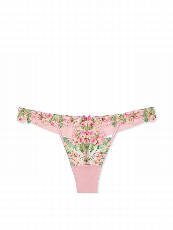 Pink Victoria Secret Thong Lily Embroidery Underwear | SYBGQ2857
