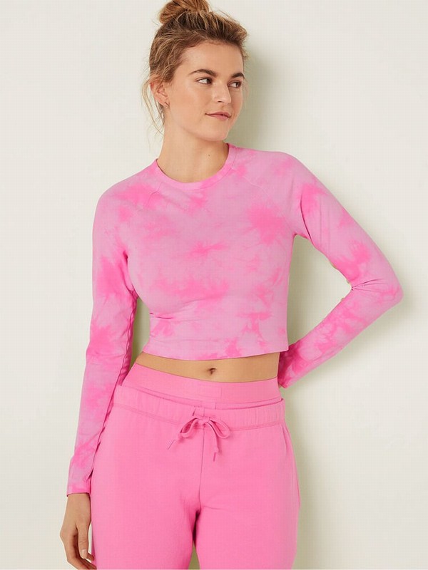 Pink Victoria Secret Tie Dye Long Sleeve Crop T Shirts | HJIEL5807