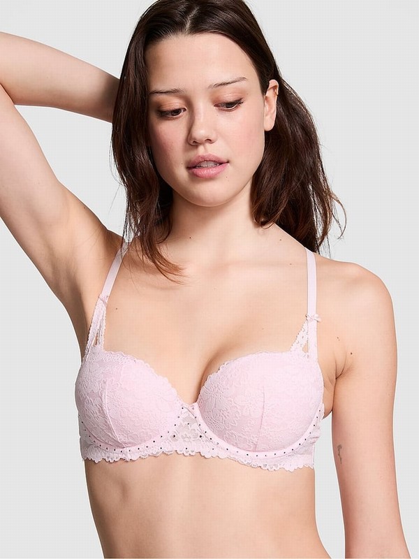 Pink Victoria Secret Tulip Diamante Balcony Lace Bras | XGBMI3978