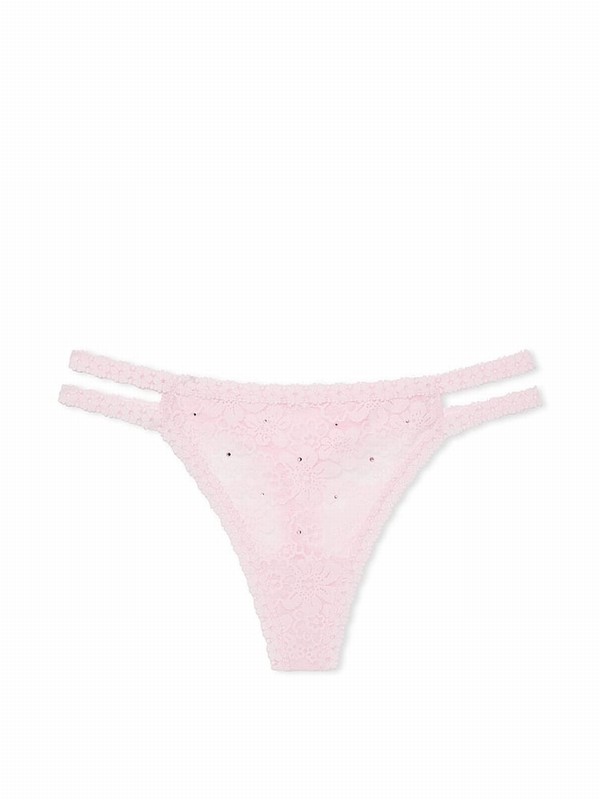 Pink Victoria Secret Tulip Diamante Thong Floral Lace Underwear | VECIO5236
