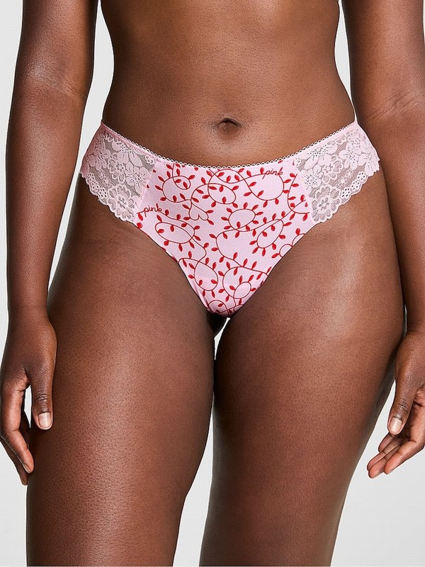Pink Victoria Secret Tulip Lace Trim Lights Print Thong No Show Underwear | MLWTG6893