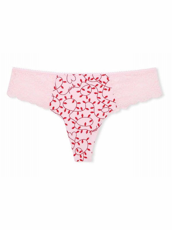 Pink Victoria Secret Tulip Lace Trim Lights Print Thong No Show Underwear | MLWTG6893