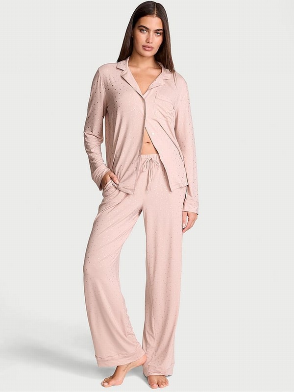 Pink Victoria Secret Zinc Foil Heart Dot Modal Long Nightwear | MBJGT9062