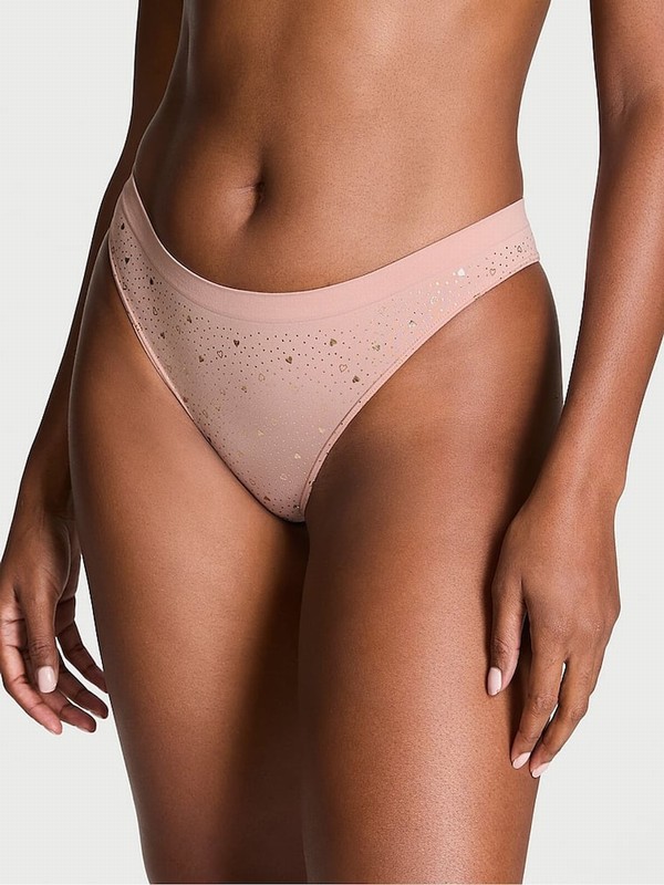 Pink / Beige Victoria Secret Zinc Heart Foil Nude Thong Underwear | BYNTS0976