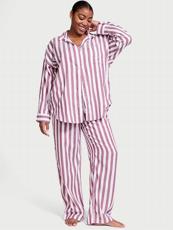 Pink / Dark Red / Stripes Victoria Secret Rouge Modal Long Nightwear | LCWJK1732