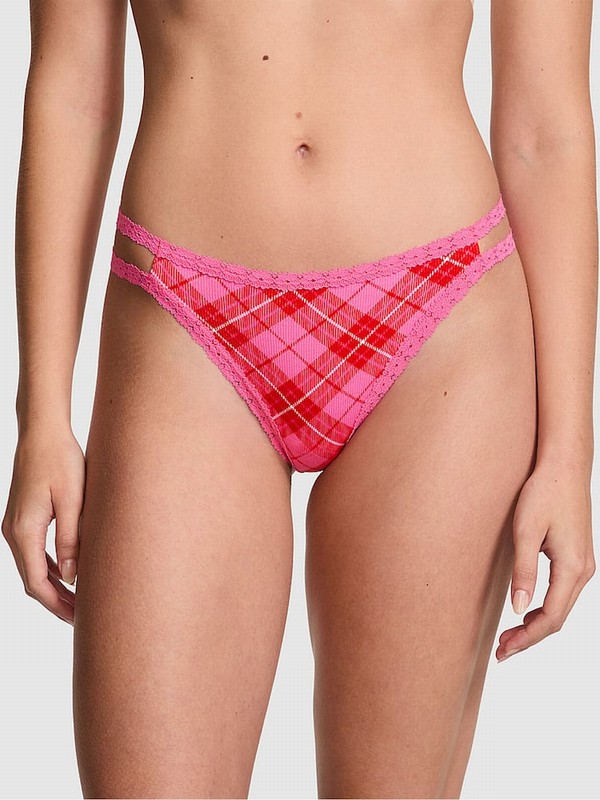 Pink / Rose Victoria Secret Plaid Lace Trim Rib Strappy Thong Underwear | ZPAGN6570