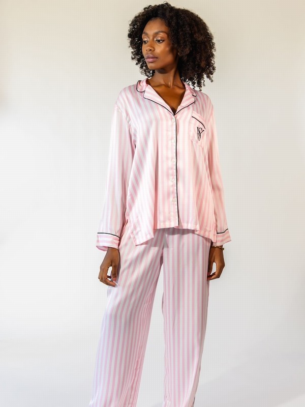 Pink / Stripes Victoria Secret Iconic Long Sleeve London Satin Nightwear | BZLUK3452
