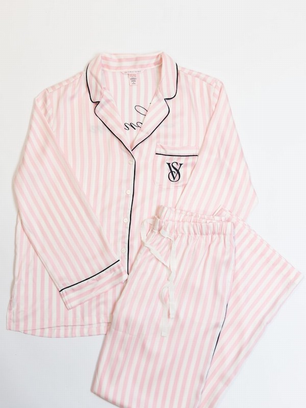 Pink / Stripes Victoria Secret Iconic Long Sleeve London Satin Nightwear | BZLUK3452