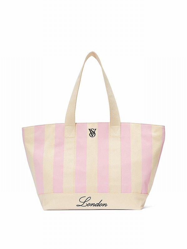 Pink / Stripes Victoria Secret Iconic London Tote Bags | WDXKE8203