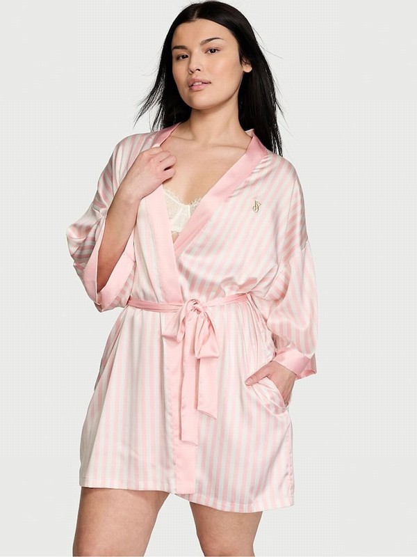 Pink / Stripes Victoria Secret Iconic Satin Robe Nightwear | GKNBD5918