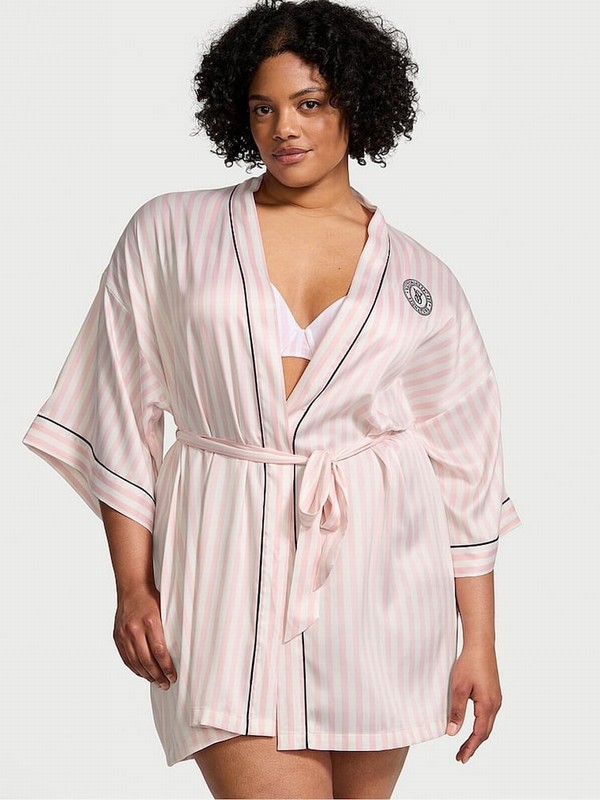 Pink / Stripes Victoria Secret Iconic Satin Piped Robe Nightwear | JIFAU4720