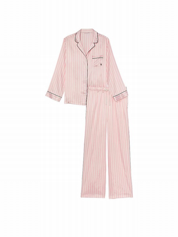Pink / Stripes Victoria Secret Iconic Satin Long Nightwear | JGKIR4215
